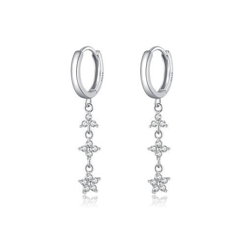 Reffeer Solid 925 Sterling Silver CZ Flower Chain Dangle Earrings for Women Teen Girls Chain Drop Hoop Earrings