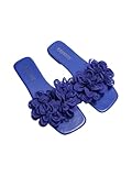 OYOANGLE Women's Flower Appliques Square Open Toe Slide Sandals Dressy Slip on Flat Sandal Royal Blue 9