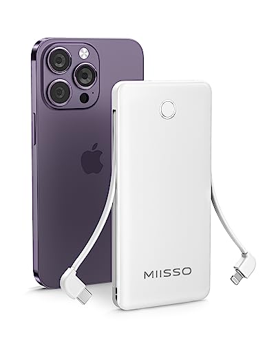 miisso 10000mah Slim Portable Charger with Built in Cable, Power Bank Travel Phone Charger External Battery Pack for Phones, 4 Output USB C Cords Clutch Charger Compatible with iPhone, Samsung, White
