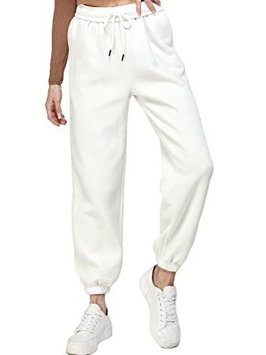 IUUI Women’s Casual Baggy Fleece Sweatpants Foldable High Waisted Joggers Pants Warm Lounge Trousers with Pockets White