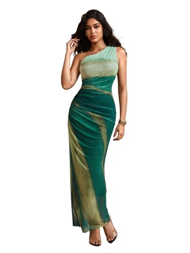 WDIRARA Women's One Shoulder Mesh Ruched Maxi Dress Tie Dye High Slit Bodycon Dresses