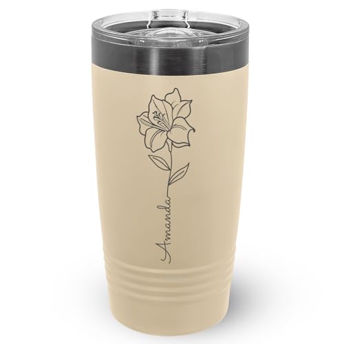 Personalized Travel Coffee Tumbler 20 oz, Insulated Mug with Lid, Stainless Steel Cup for Outdoor with custom name and Floral Design (Latte)