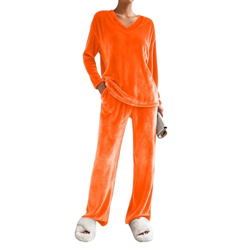 Womens Flannel Pajamas Sets Fashion V-Neck Long Sleeve Pajama Set Casual Autumn Winter Warm Lounge Pjs Sleepwear