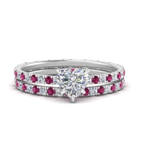 Image of 55Carat Choose Your Gemstone Classic Delicate Diamond CZ Wedding Set sterling silver Heart Shape Wedding Ring Sets Ornaments Surprise for Wife Symbol of Love Clarity Comfortable US Size 4 to 12