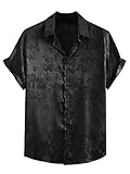 Floerns Men's Floral Jacquard Short Sleeve Button Front Satin Shirt Blouse Top Black Ink M