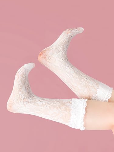 Image of Geyoga 4 Pairs Lace Ruffle Frilly Ankle Socks Women Lace Cute Dress Socks for Women Ladies Princess Accessories