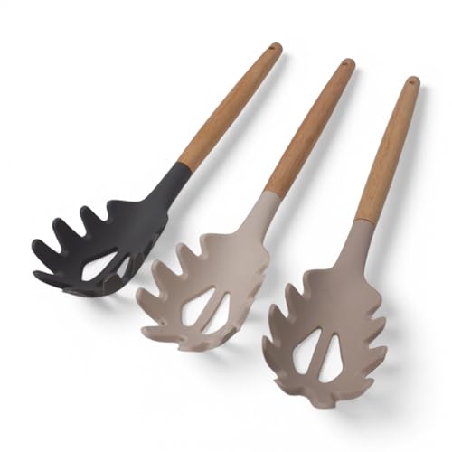 Deconox Bambu Saplı Silikon Makarna Servis Kaşığı – Isıya Dayanıklı, Yapışmaz, 3 Renk Seçenekli, 27cm – Uzun Saplı Makarna Kaşığı (BEJ)