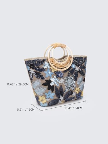 Sequin Embroidered Woven Tote Bag for Women Stylish Summer Beach Shoulder Handbag with Bamboo Handle for Vacation3