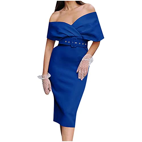 Hatoys Off Shoulder V Neck Sexy Dress Crossing Front Belted High Waist Bodycon Dress for Women Hourglass Pencil Dress Knee Long Womens Dressy Business Dress Slim Fit Broad Strap Party Dress