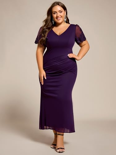 Ever-Pretty Women's High Stretch V Neck Short Sleeves Chiffon Bodycon Maxi Plus Size Mother of The Bride Dresses3