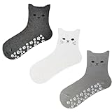 Yoaier Pilates Grip Socks for Women Cute Yoga Grippy Non Slip Non Skid Cat Socks with Cat Paw Gripper for Barre Workout (White+Black+Grey)