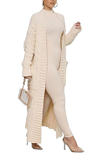 Long Duster Cardigans for Women, Womens Floor Length Cardigans Sweaters with Pockets Open Front Long Sleeve Plus Size Chunky Cable Knit Winter Coat Beige