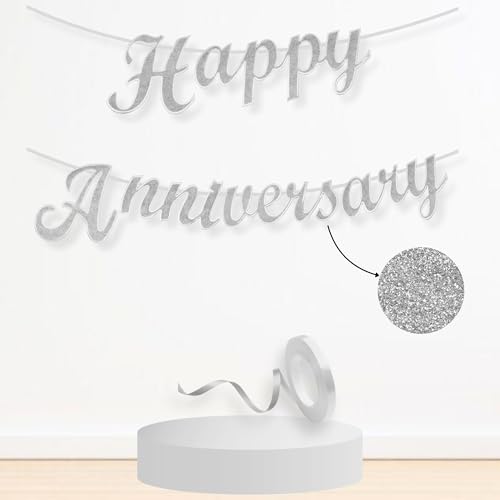 Image of Flyloons Happy Anniversary Banner Silver Decorations Kit for Men Women Wedding Anniversary Banner Items without Balloons