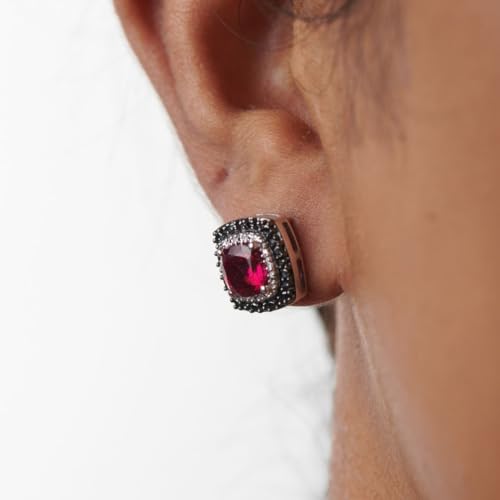 Jewelili Cushion Gem Stone with Black and White Diamonds Halo Stud Earrings in Sterling Silver. Choice of Ruby, Emerald, Blue Sapphire, Blue Topaz, Or Opal2