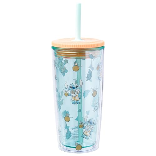 Image of Silver Buffalo Disney Lilo and Stitch Featuring Stitch in Hawaiian Shirt, Lei, and Coconut Drink and Tropical Vibes Pattern Spill Resistant Plastic Tumbler and Straw, 20 Ounces