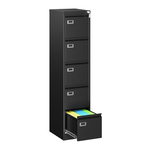Image of MIIIKO 5 Drawer File Cabinet, Black Vertical Filing Cabinets with Lock, Home Office File Folders Storage Cabinet for Letter Legal File Size.