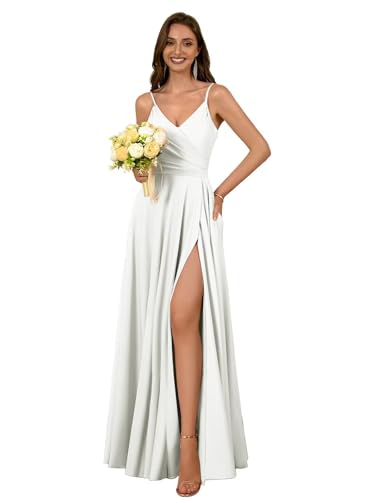 Dymaisei Satin Bridesmaid Dresses Spaghetti Straps V Neck Prom Dress Long A Line Formal Evening Dress with Pockets