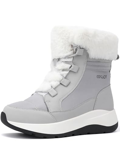 COOJOY Women's Winter Snow Boots Waterproof Faux Fur Ankle Booties Fuzzy Lightweight Ladies Comfortable Warm Outdoor Walking Boots Grey,6