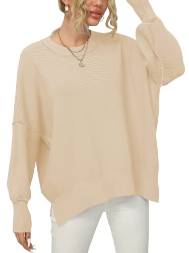 Hot Light Elegant Warm Crewneck Batwing Sweater For Women Casual Comfortable Oversized Loose Side Slit Ribbed Knit Pullover Top 2023 Apricot M #TOP1