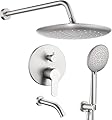 HomGoo Shower System with Tub Spout, Tub Shower Faucet Set with High Pressure 10" Rain Shower head and 5-Setting Handheld Shower Head Set, Pressure Balance Valve included, Brushed Nickel