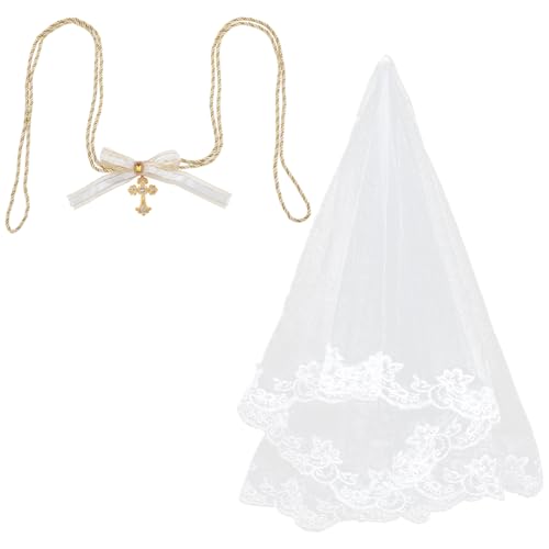 WADORN 2Pcs Wedding Lasso Rope with Bridal Lace Veils, Rhinestone Cross Pendant Wedding Handfasting Cord Mesh Tulle Bridal Veil Headdress Sets for Weddings Ceremony Party Supplies Woman Bridals Gift