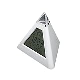 Diseño elegante y compacto. Reloj despertador digital con forma de pirámide y 7 luces led de colores cambiantes, con función de calendario y termómetro, de color blanco, utiliza 3 pilas AAA