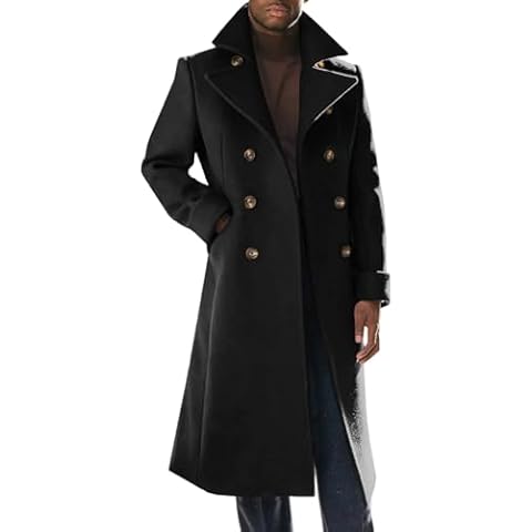 Runcati Mens Trench Coat Notch Lapel Slim Fit Double Breasted Wool Blend Long Pea Coat Winter Warm Overcoat Cover