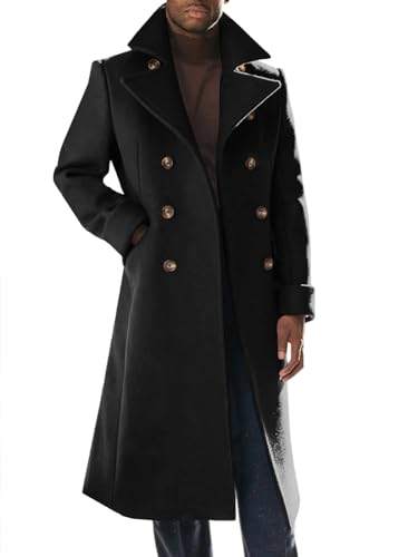 Runcati Mens Trench Coat Notch Lapel Slim Fit Double Breasted Long Pea Coat Winter Warm Overcoat