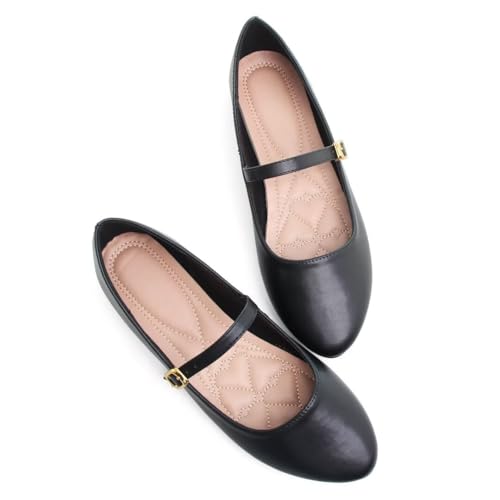 Image of TN TANGNEST Leather Flats for Women Retro Mary Jane Flats | Comfortable Square Toe Slip On Flats with Buckle Strap, Soft Work Flats Office Shoes