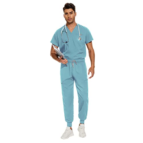 VIAOLI Scrubs for Men Set V-Neck Scrub Top & Jogger Pant 8 Pocket Cargo Botton Nursing Clearance Sets Medical Uniforms (Sky Blue, S)