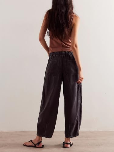 chouyatou Women's Y2k Baggy Barrel Jeans Drawstring Waist Boyfriend Wide Leg Loose Capri Denim Pants with Pockets3