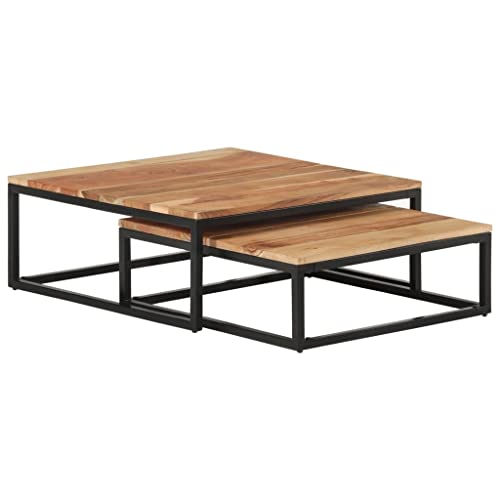 RMIHSJG Mesas de Centro apilables 2 Unidades Madera Maciza de Acacia Mesas Apilables de Madera Mango, Base Hierro Negro, Estilo Industrial Único