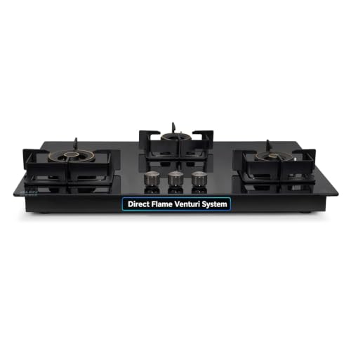 Image of Glen 77 CM 3 Burner Auto Ignition Glass Hob | 2 Triple Ring Forged Brass Burners | Built-in Gas Hob | Toughened Black Glass | 2 Years Standard Warranty & 5 Years Warranty | BH1073DFHT2TR77