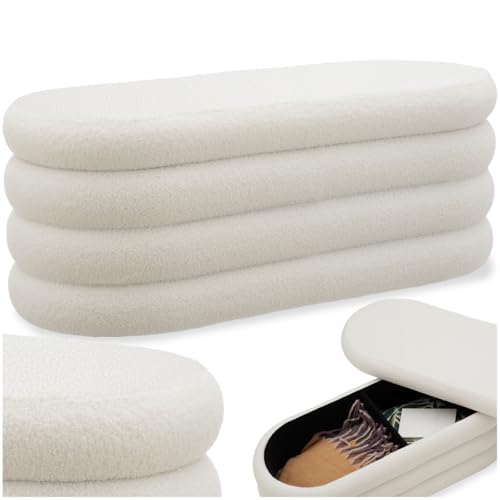 tectake® Sitzbank mit Stauraum, Sitzhocker, Hocker mit Stauraum, Stoff, Pouf, Polsterhocker, Sitztruhe, Truhe mit Deckel, Truhenbank mit Stauraum, Möbel für Wohnzimmer, 110x45x42cm - Bouclé créme-weiß