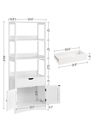 Vasagle Bathroom Storage Cabinet, Freestanding Linen Tower, Tall Bookcase With 3 Open Shelves, 1 Large Drawer, 12.8 X 23.6 X 60.6 Inches, For Entryway, Kitchen, Study, White Ubbc67Wt #TOP2