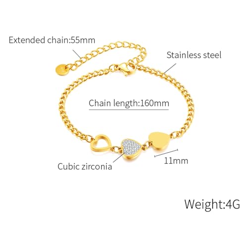Fashion Stainless Steel Cubic Zirconia Hearts Charm Link Chain Bracelet2
