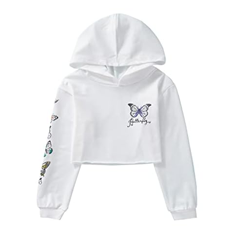 YUUMIN Kids Teen Girls Hooded Sweatshirt Long Sleeve Crop Tops Pattern Printed Hoodie Pullover Shirt Jumpers White 11-12 Years Cover