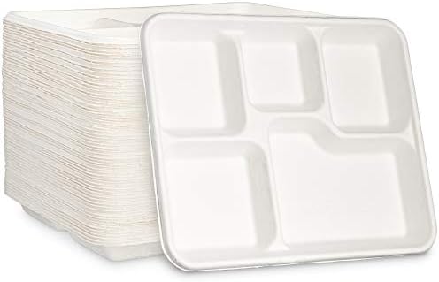 100% Compostable 5 Compartment Plates Eco-Friendly Disposable Sugarcane 10 inch Paper Trays