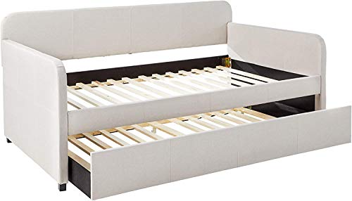 RUNNA Modern Fabric Twin Size Upholstered Daybed with Trundle, Twin Size Wood Daybed Frame with Wood Slat Support, for Kids/Teens/Adults,No Box Spring Needed(Fog Fabric) - Thumbnail 5