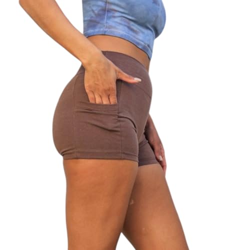 Asatre Hemp Pocket Yoga Shorts for Women – High Waist Stretch Activewear with Side Pockets Brown