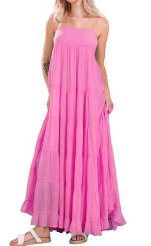 Image of loveimgs Women Summer Spaghetti Strap Smocked Maxi Dress Tiered Ruffle Sleeveless Long Flowy Dress Beach Sundress