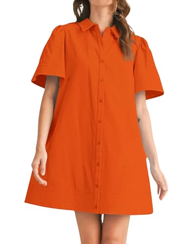 Image of Womens Short Sleeve Button Down Mini Shirt Dress Lapel Collar Short Dresses with Pocket