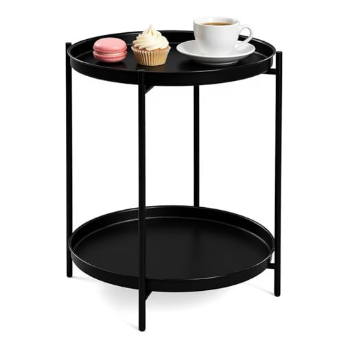 Mesa auxiliar redonda para ahorrar espacio en salones pequeños con dos niveles de metal negro 8