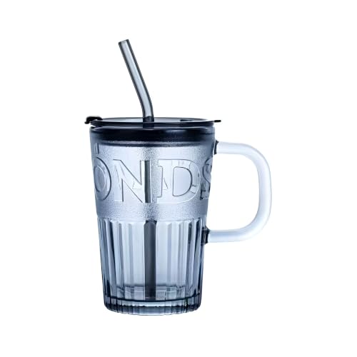 Image of Glass Tumbler with Airtight Lid and Straw - 450ml, Pack of 1, Travel Coffee Sipper Mug for Juice Cocktail Iced Tea Smoothie Hot Cold Drink Cup Home & Office (Receiving Random Color)