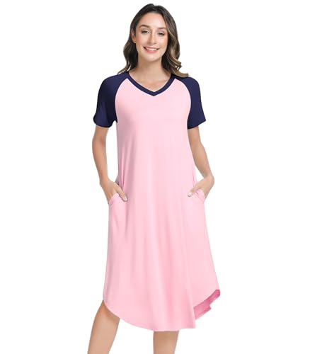 Image of NACHILA Women's Nightgowns-Viscose Made from Bamboo, Soft Sleepshirt Short Sleeve Nightshirt V Neck Sleepwear Cool Loungewear
