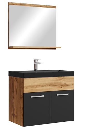 Badplaats B.V. Meuble de Salle de Bain de Montreal 02 60 cm lavabo Noir - Chene avec Noir Mat - Armoire de Rangement Meuble lavabo evier Meubles