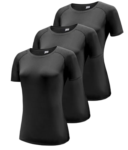 3er Pack T-Shirt Damen, Sport Shirt Damen Funktionsshirt Kurzarm Laufshirt, Rundhals Sommer Kurzarmshirt Sporttop, Atmungsaktiv Sportshirt Yoga Gym Shirt Fitness Oberteile Black 3P16-M