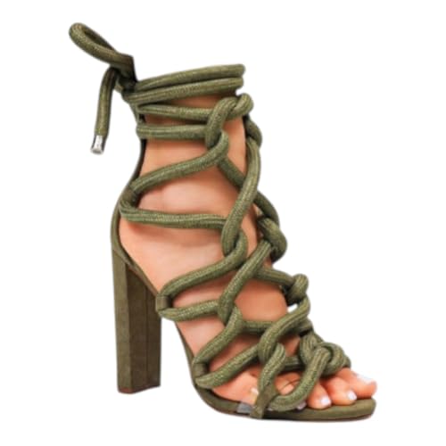 Liliana Women Chunky heel rope lace up high heel sandals Shaya-01 Olive 8.5