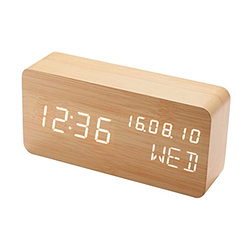 Staright Despertador de mesa de madeira com controle de voz, temperatura ajustável, tela de 3 brilho