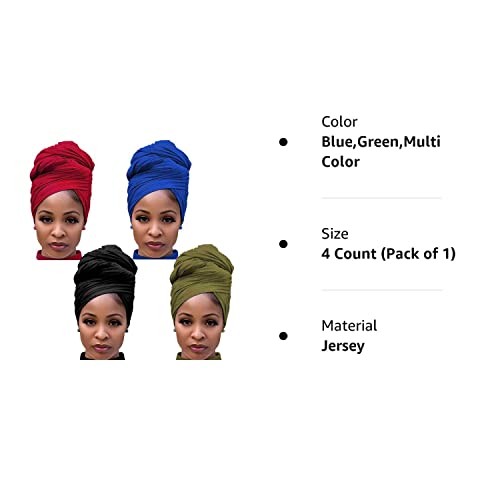 4 Packs Stretch Jersey Turban Head Wrap African Head Wrap For Women Head Scarf Ultra Soft Headband Long Hair Scarf Ultra Breathable Solid Color Turban Tie Large Headbands (Black,Red,Army Green,Blue) #TOP7